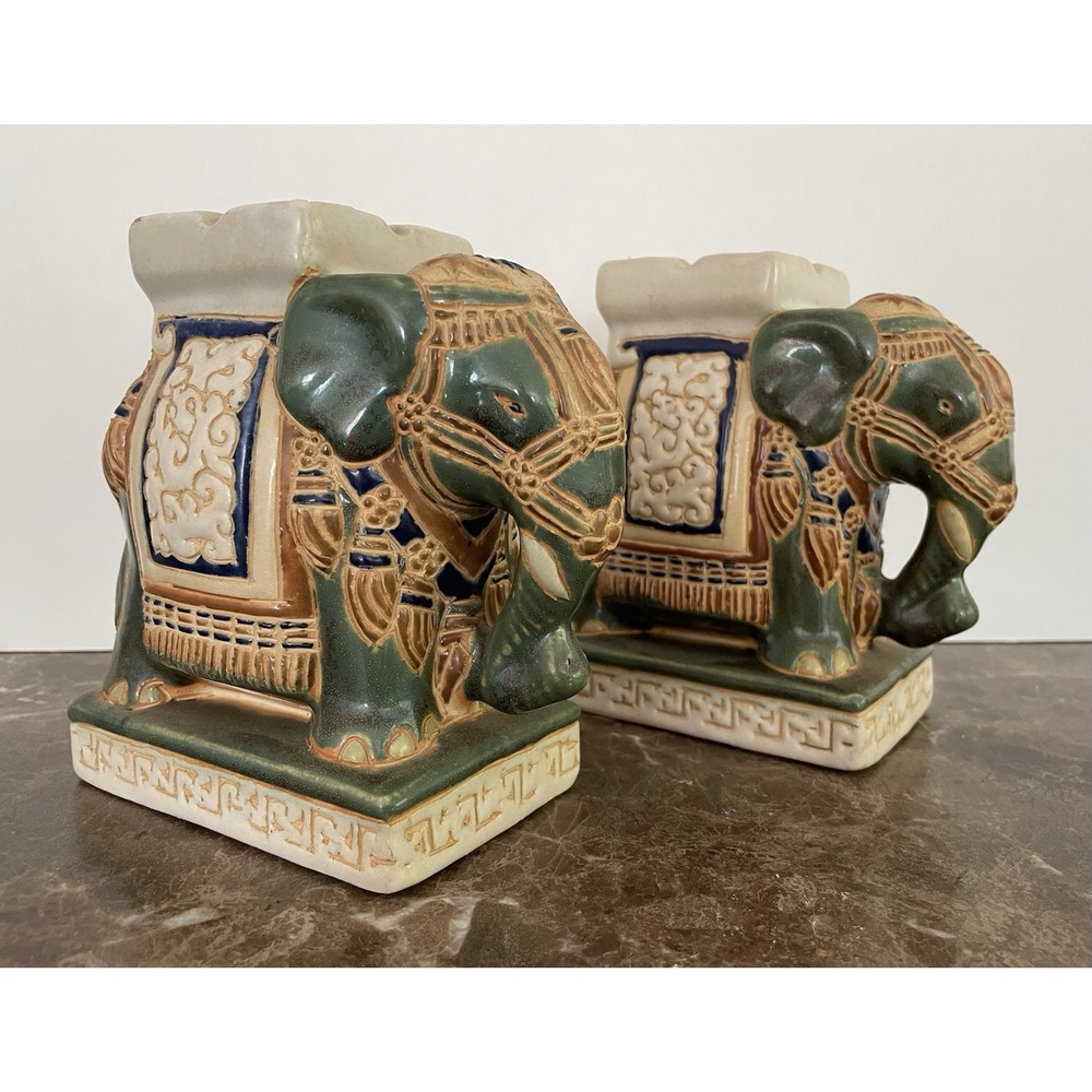 Vtg Hollywood Regency Chinese Ceramic Elephant Ashtray Figurine Book Ends SIGNED